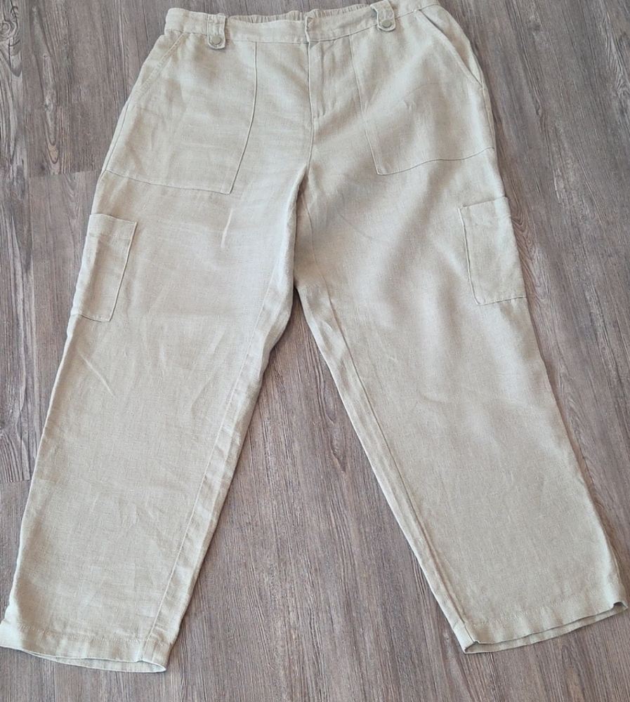 Nicole Miller Women’s 100 % Linen Tapered Pants Large Light Green Elestic Waist